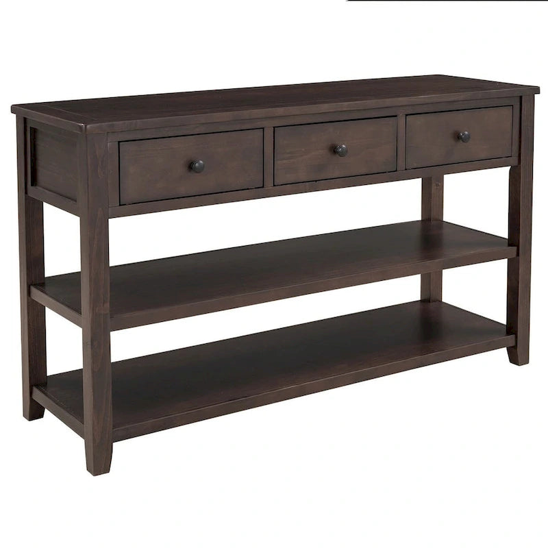 Mid-Century Solid Wood Console Table 3 Drawers 2 Shelves Entryway Storage
