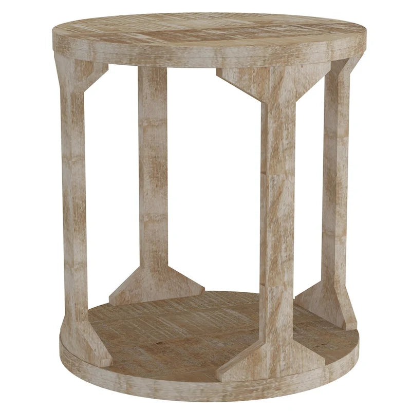 Two Tier Handmade Round End Table - 22 - Beige