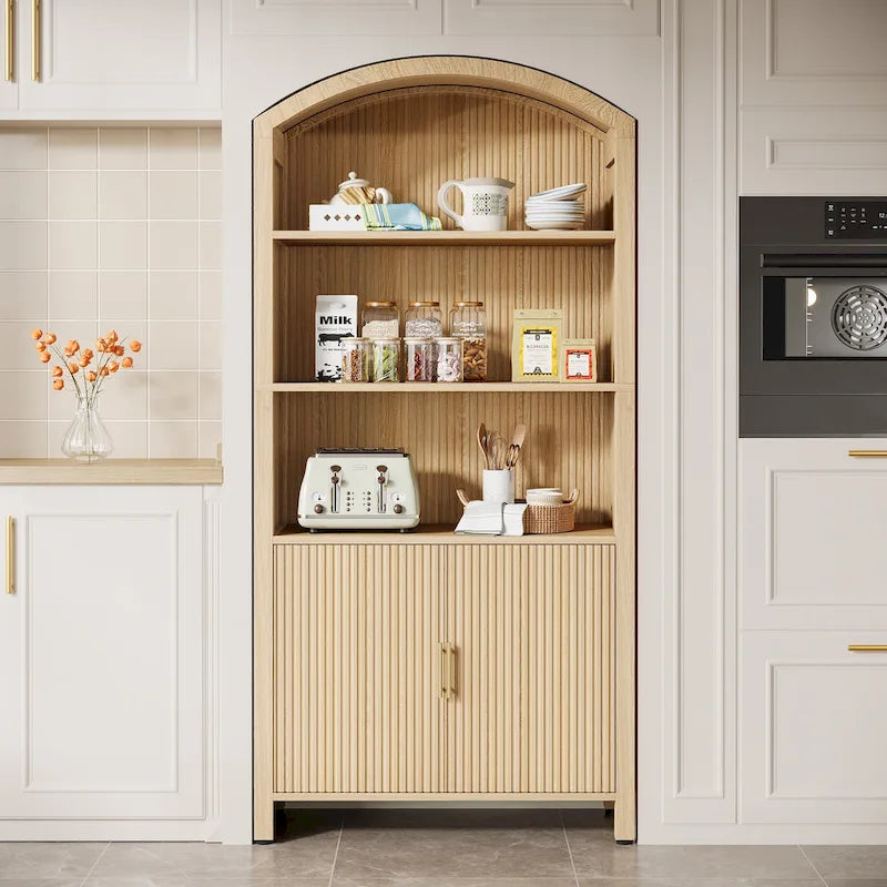 71 Tall Arched Kitchen Pantry Cabinet with Doors - Natural Wood