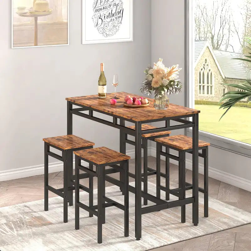 Counter Height Dining Table Set with 4 Bar Stools Metal Frame Vintage Wooden Tabletop Rectangular Dining Table, 5-Piece