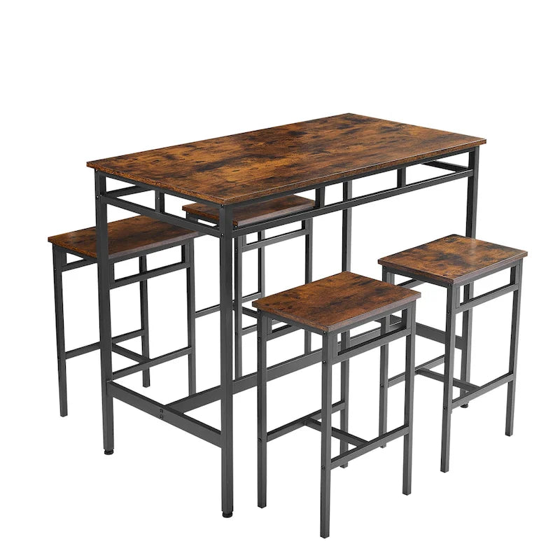 Counter Height Dining Table Set with 4 Bar Stools Metal Frame Vintage Wooden Tabletop Rectangular Dining Table, 5-Piece