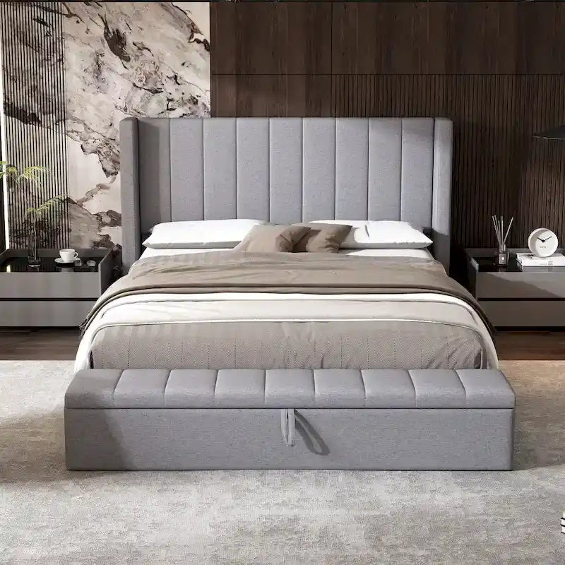 Grey Linen Queen Platform Bed with Wingback Headboard and Storage