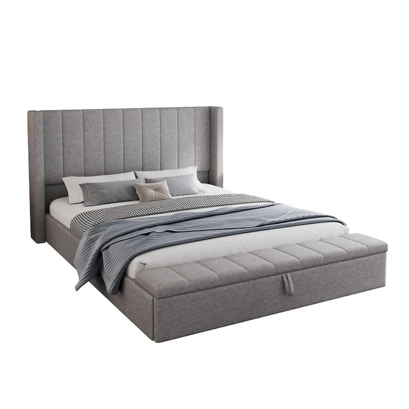 Grey Linen Queen Platform Bed with Wingback Headboard and Storage