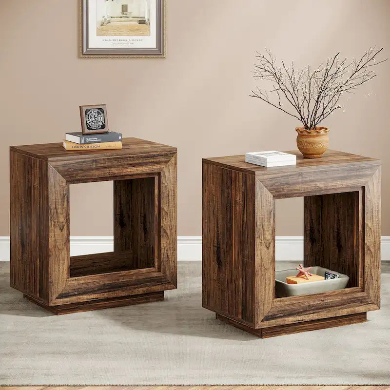 Wood End Table with Storage, Walnut Nightstands for Living Room, Bedroom