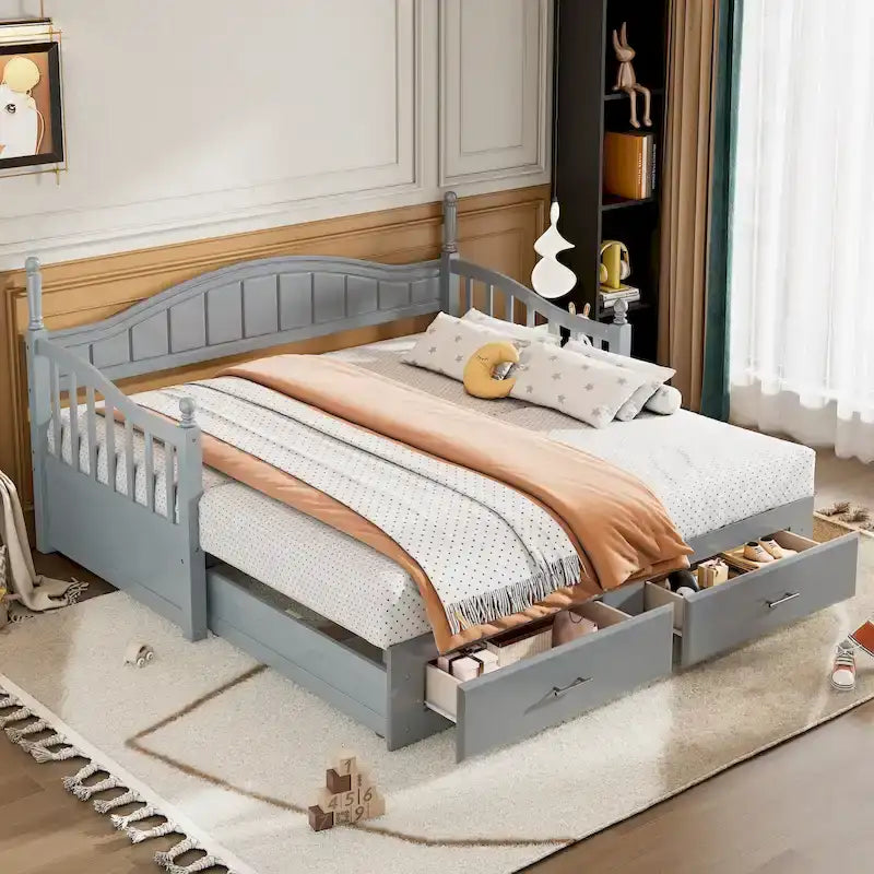 Twin Daybed with Trundle and 2 Drawers - White/Grey/Walnut