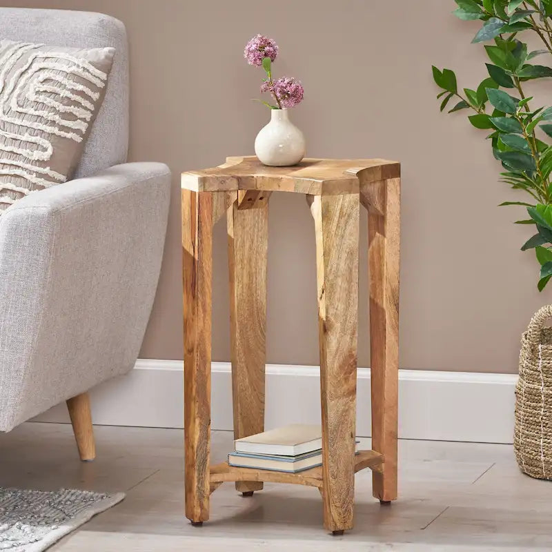 Natural Mango Wood Side Table - 13" Round Boho Accent Table