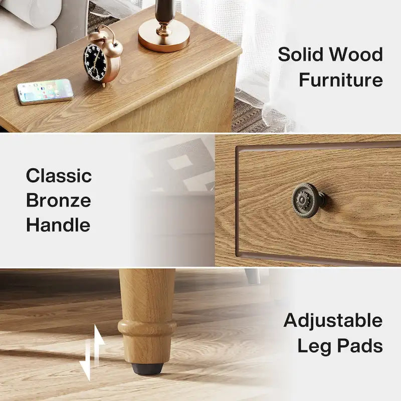 Brown Wood Side Table with 3 Drawers for Bedroom and Living Room