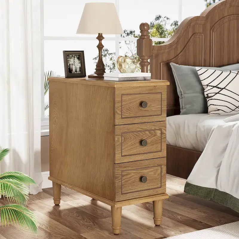 Brown Wood Side Table with 3 Drawers for Bedroom and Living Room
