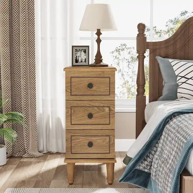 Brown Wood Side Table with 3 Drawers for Bedroom and Living Room
