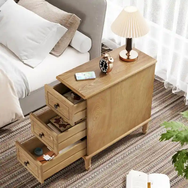 Brown Wood Side Table with 3 Drawers for Bedroom and Living Room