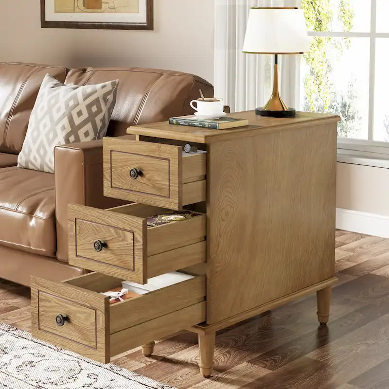 Brown Wood Side Table with 3 Drawers for Bedroom and Living Room
