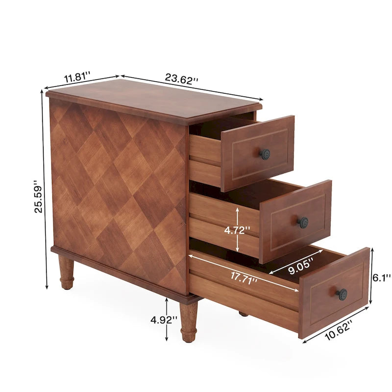 Brown Wood Side Table with 3 Drawers for Bedroom and Living Room