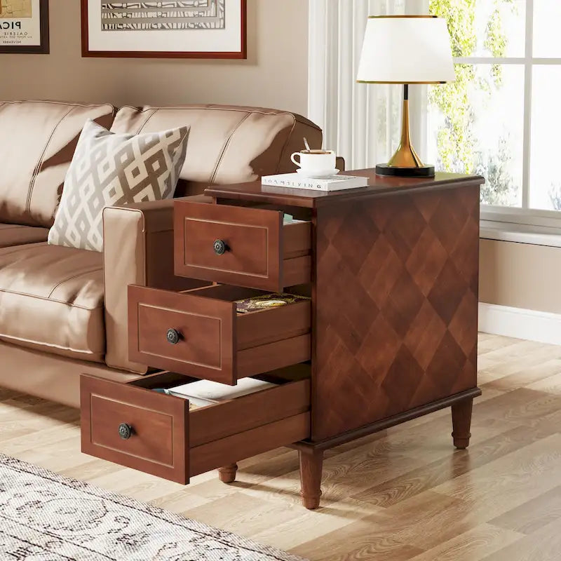 Brown Wood Side Table with 3 Drawers for Bedroom and Living Room
