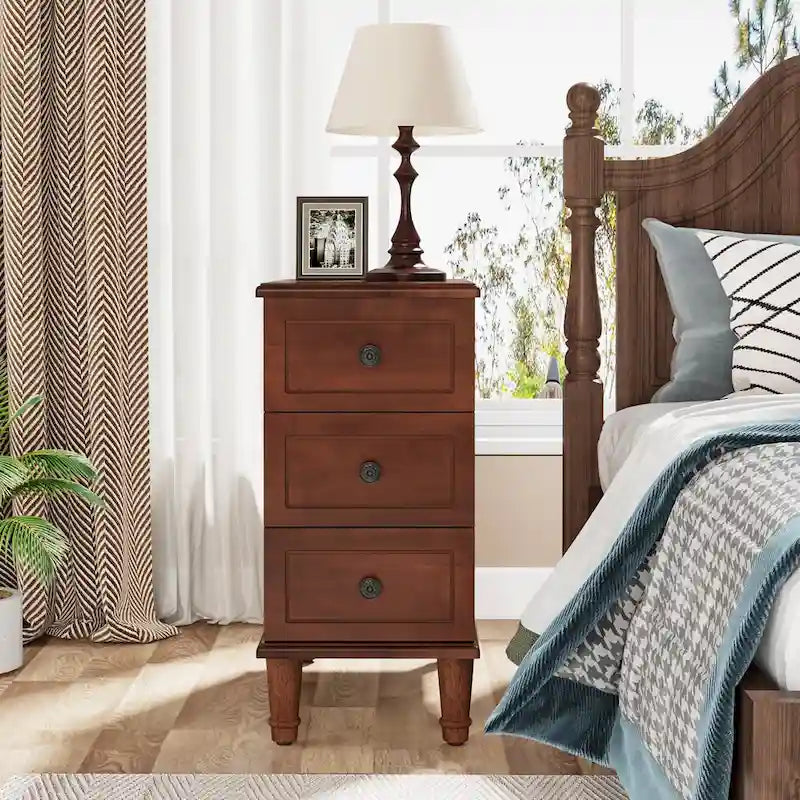 Brown Wood Side Table with 3 Drawers for Bedroom and Living Room