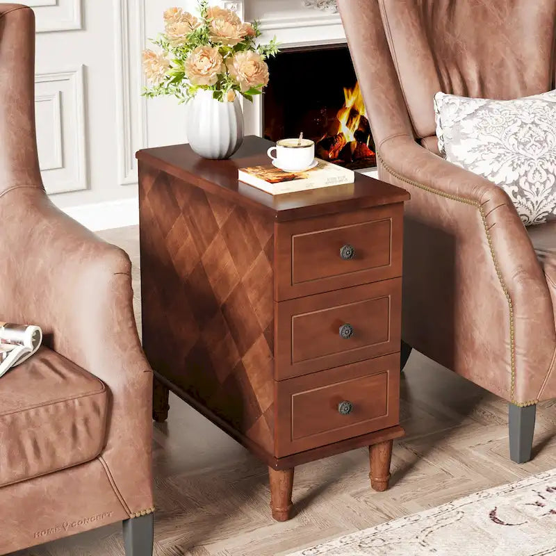 Brown Wood Side Table with 3 Drawers for Bedroom and Living Room