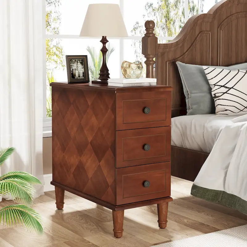 Brown Wood Side Table with 3 Drawers for Bedroom and Living Room