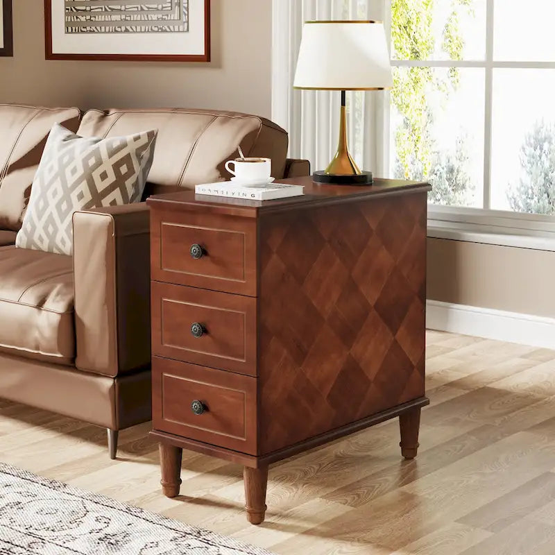 Brown Wood Side Table with 3 Drawers for Bedroom and Living Room