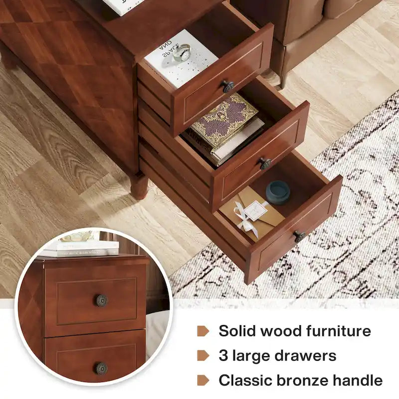 Brown Wood Side Table with 3 Drawers for Bedroom and Living Room