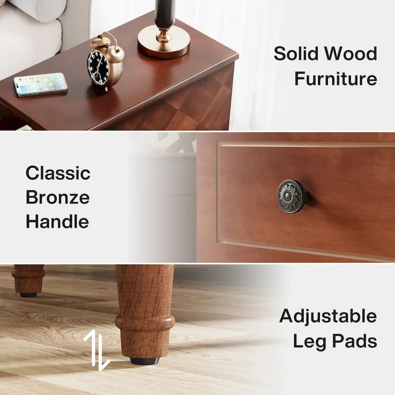 Brown Wood Side Table with 3 Drawers for Bedroom and Living Room
