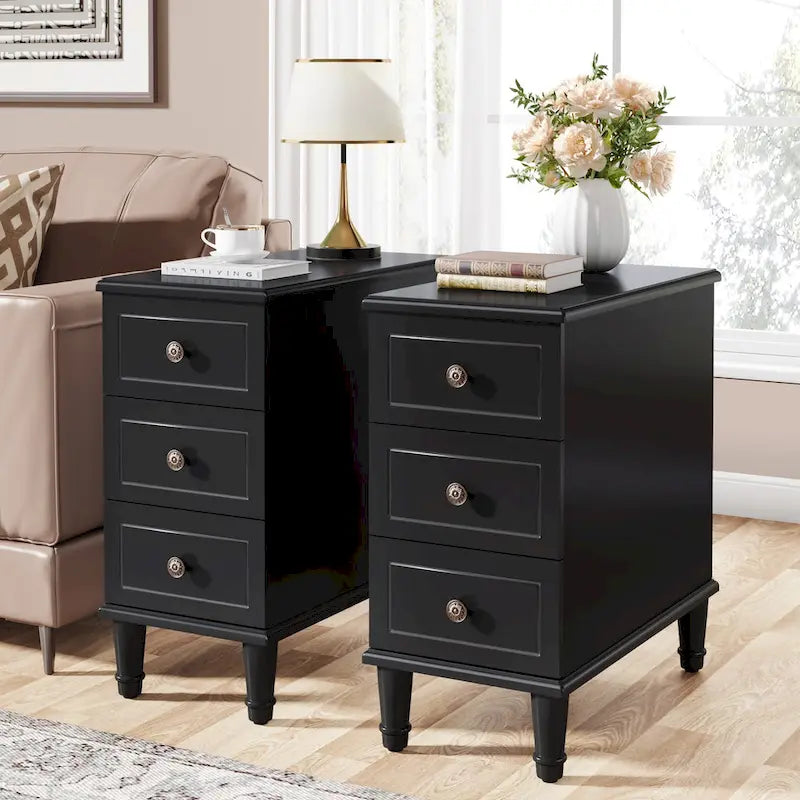 Brown Wood Side Table with 3 Drawers for Bedroom and Living Room