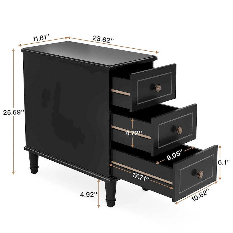 Brown Wood Side Table with 3 Drawers for Bedroom and Living Room