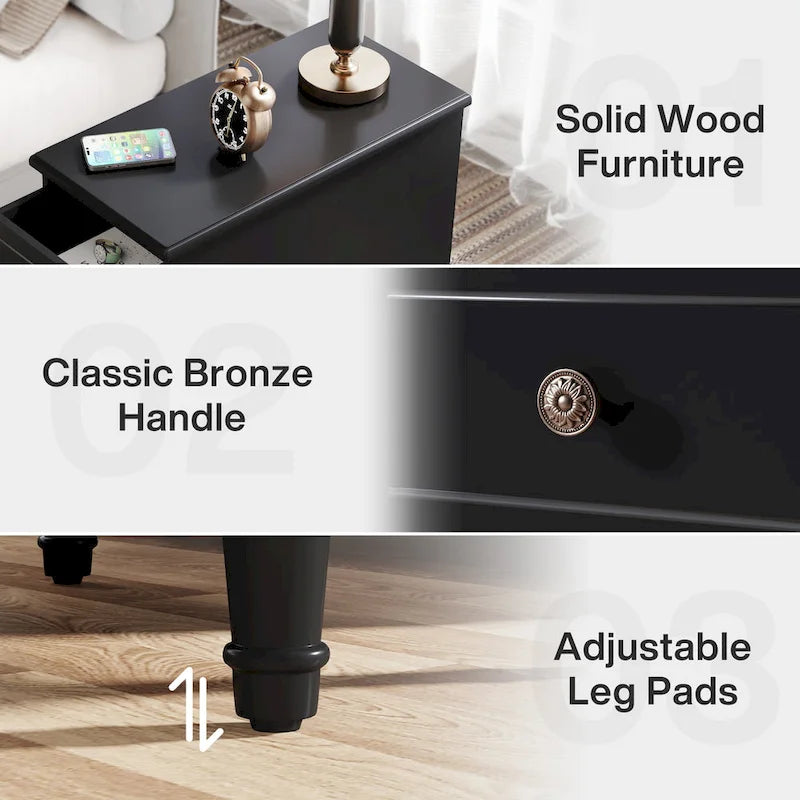 Brown Wood Side Table with 3 Drawers for Bedroom and Living Room