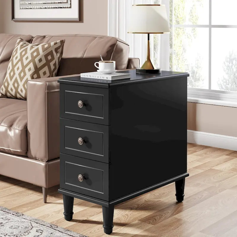 Brown Wood Side Table with 3 Drawers for Bedroom and Living Room