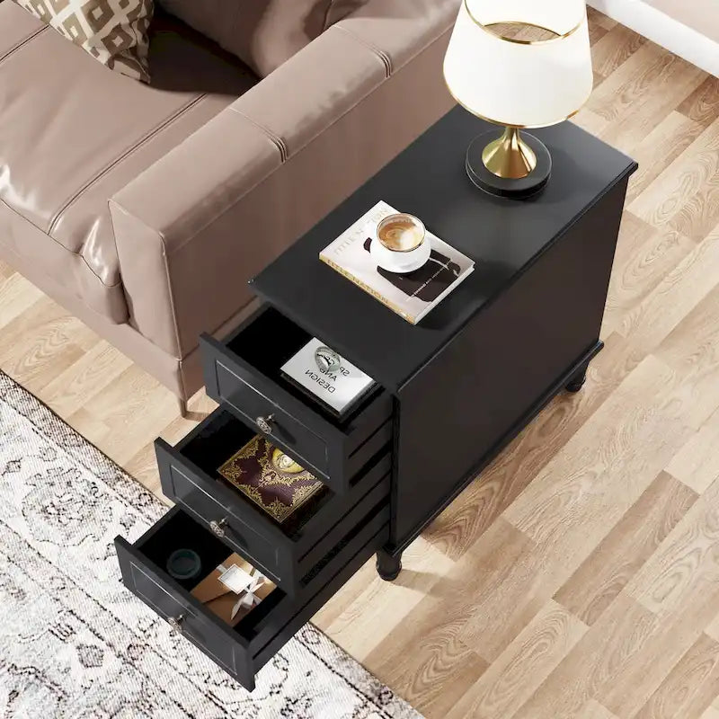 Brown Wood Side Table with 3 Drawers for Bedroom and Living Room
