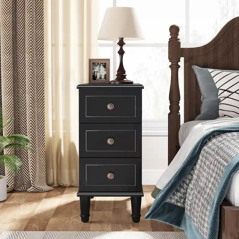 Brown Wood Side Table with 3 Drawers for Bedroom and Living Room