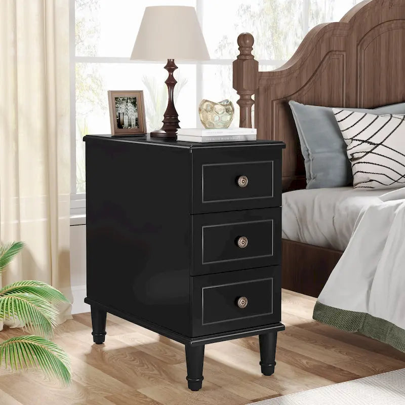 Brown Wood Side Table with 3 Drawers for Bedroom and Living Room