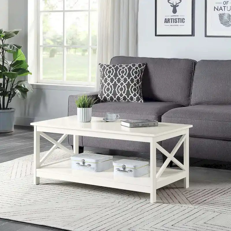 White Coffee Table with Shelf - X-Frame Design for Living Room