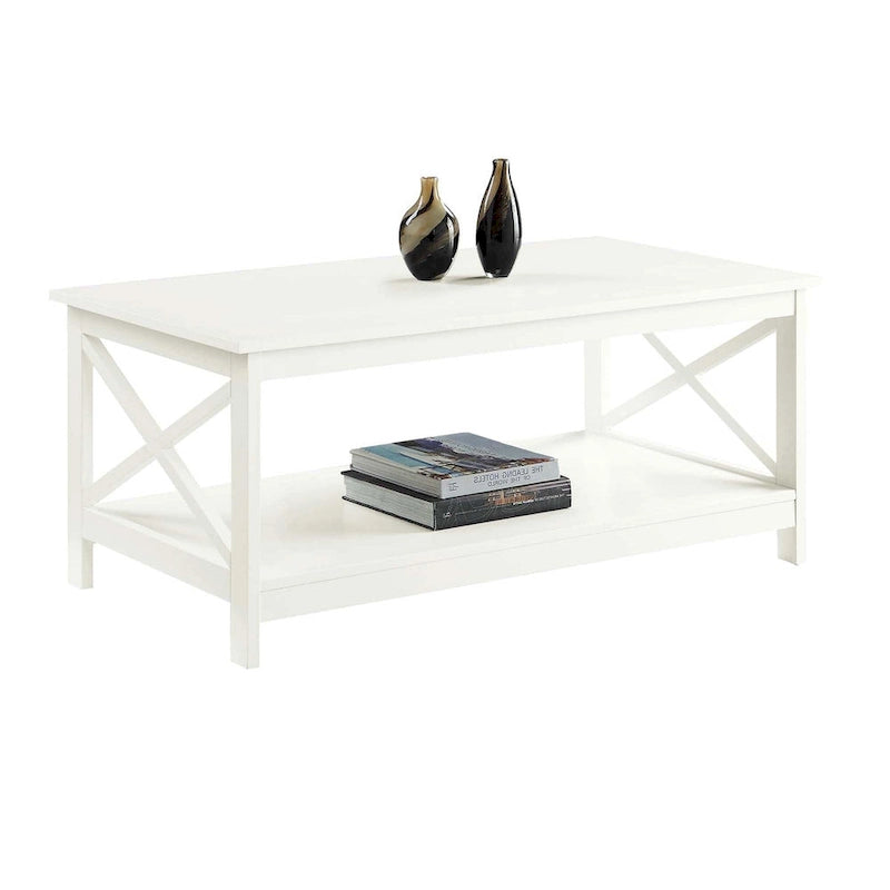 White Coffee Table with Shelf - X-Frame Design for Living Room