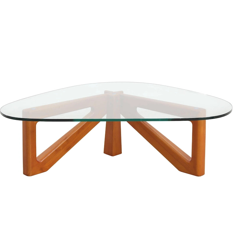 Triangular Glass Coffee Table with Walnut Wood Base - 51 Inch