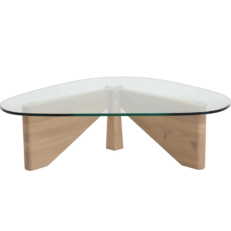 Triangular Glass Coffee Table with Walnut Wood Base - 51 Inch