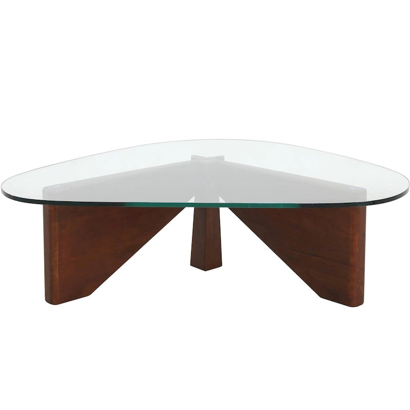 Triangular Glass Coffee Table with Walnut Wood Base - 51 Inch
