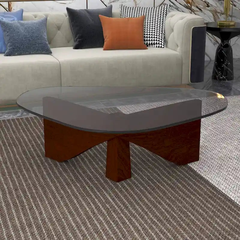 Triangular Glass Coffee Table with Walnut Wood Base - 51 Inch