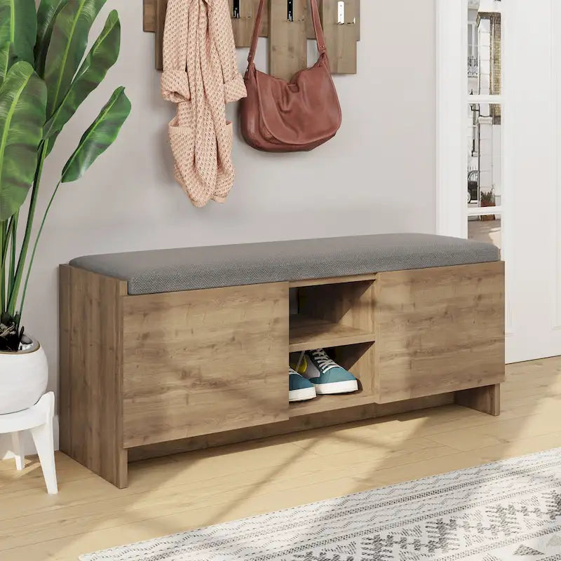 Rustic Walnut 2-Person Storage Bench with 6 Compartments