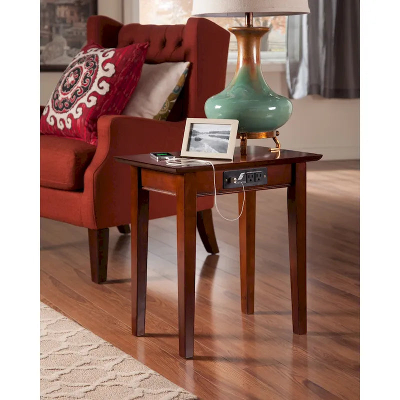 Walnut Wood Chair Side Table with USB Charging Ports