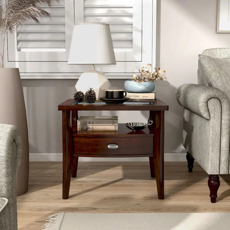 Genoas Traditional Walnut 27-inch Glasstop 1-Drawer End Table by Furniture of America