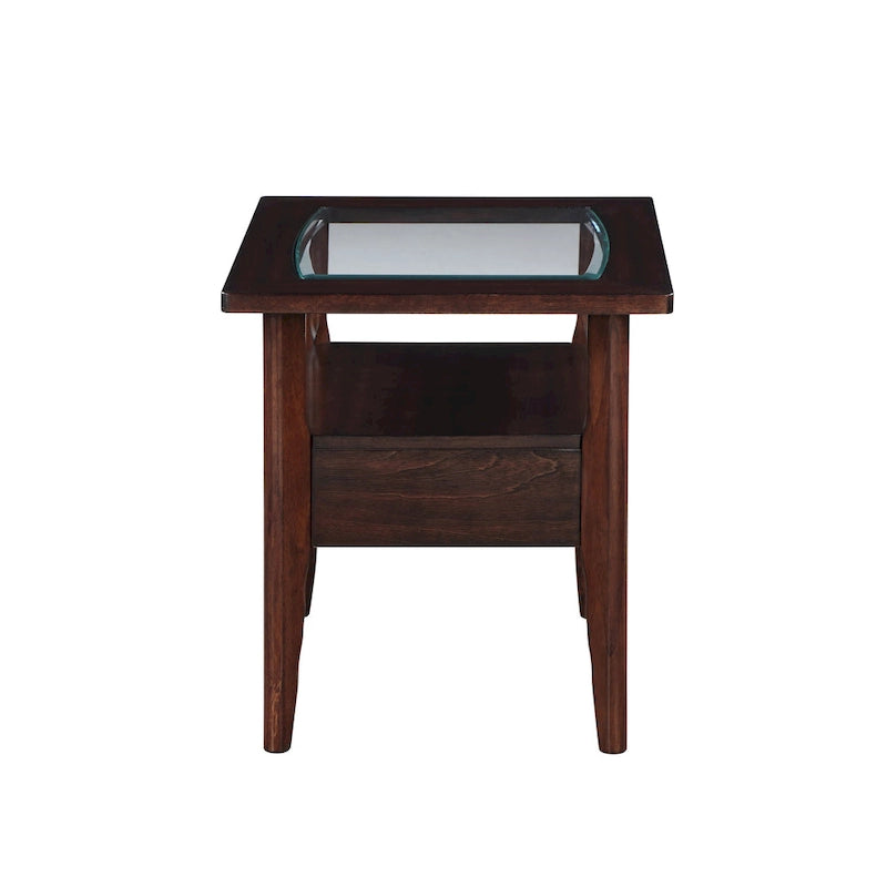 Walnut Glass Top End Table with Drawer and Shelf