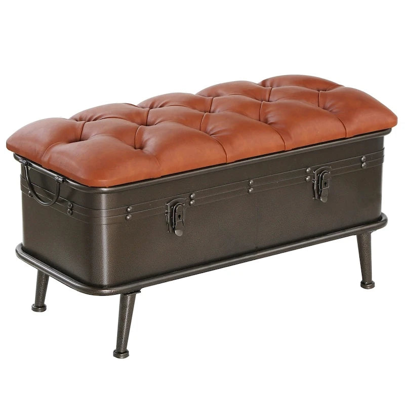 River of Goods Tan Tufted Faux Leather and Distressed Metal 17-inch High Storage Bench