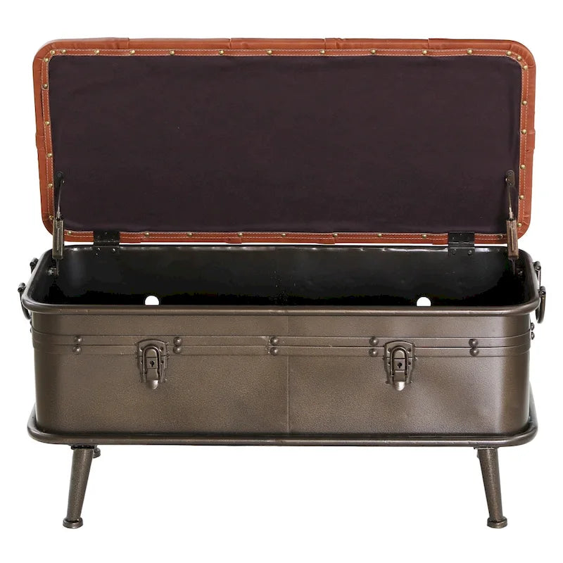 River of Goods Tan Tufted Faux Leather and Distressed Metal 17-inch High Storage Bench