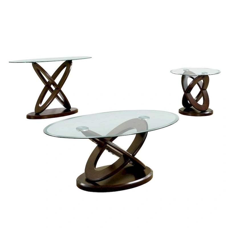 Dark Walnut 3-Piece Glass Top Table Set - Contemporary Style