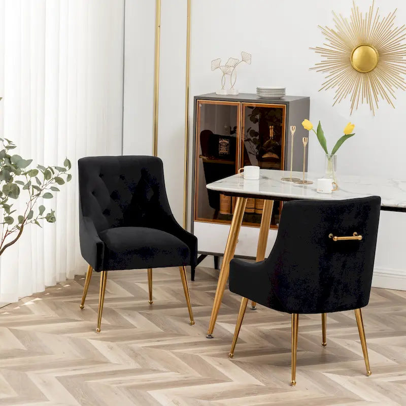 Velvet Upholstered Dining Chairs Set of 2 with Golden Legs