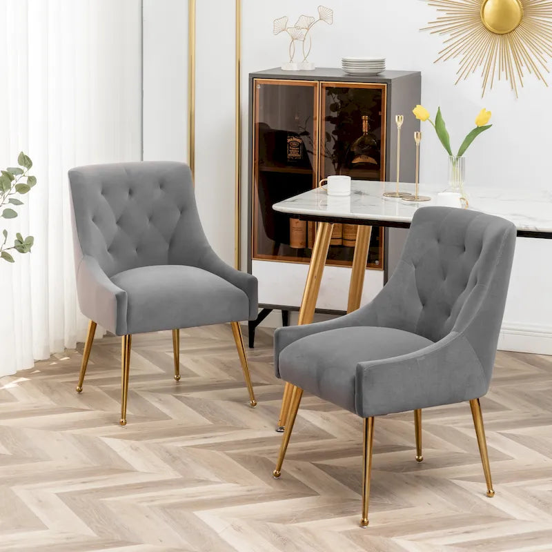 Velvet Upholstered Dining Chairs Set of 2 with Golden Legs