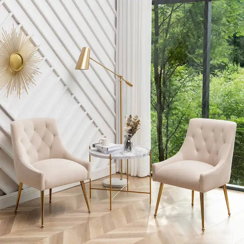 Velvet Upholstered Dining Chairs Set of 2 with Golden Legs