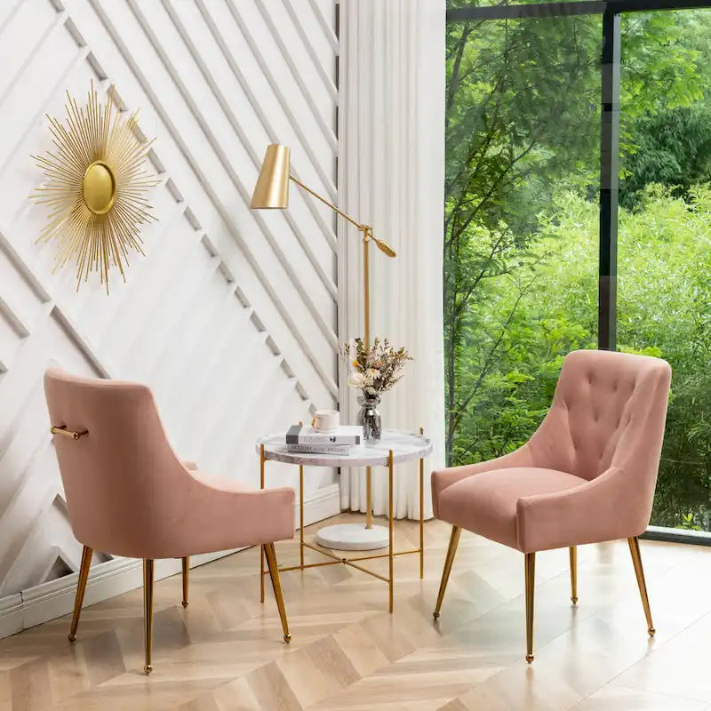 Velvet Upholstered Dining Chairs Set of 2 with Golden Legs