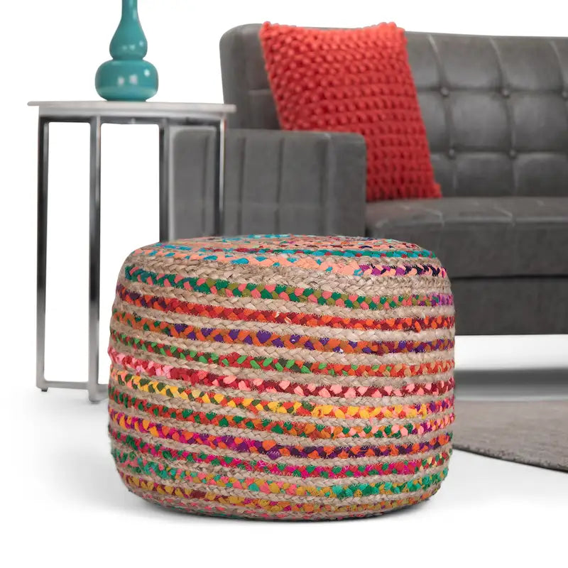 Braided Jute Round Pouf - 20" Multicolor Ottoman