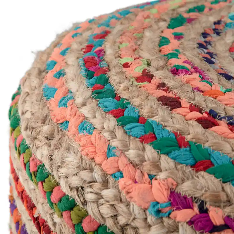 Braided Jute Round Pouf - 20" Multicolor Ottoman