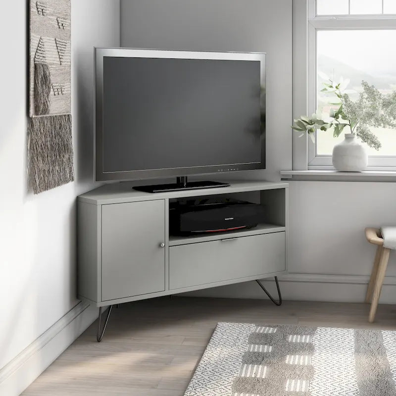 41-inch Corner TV Console with Open Shelf - White/Grey/Navy